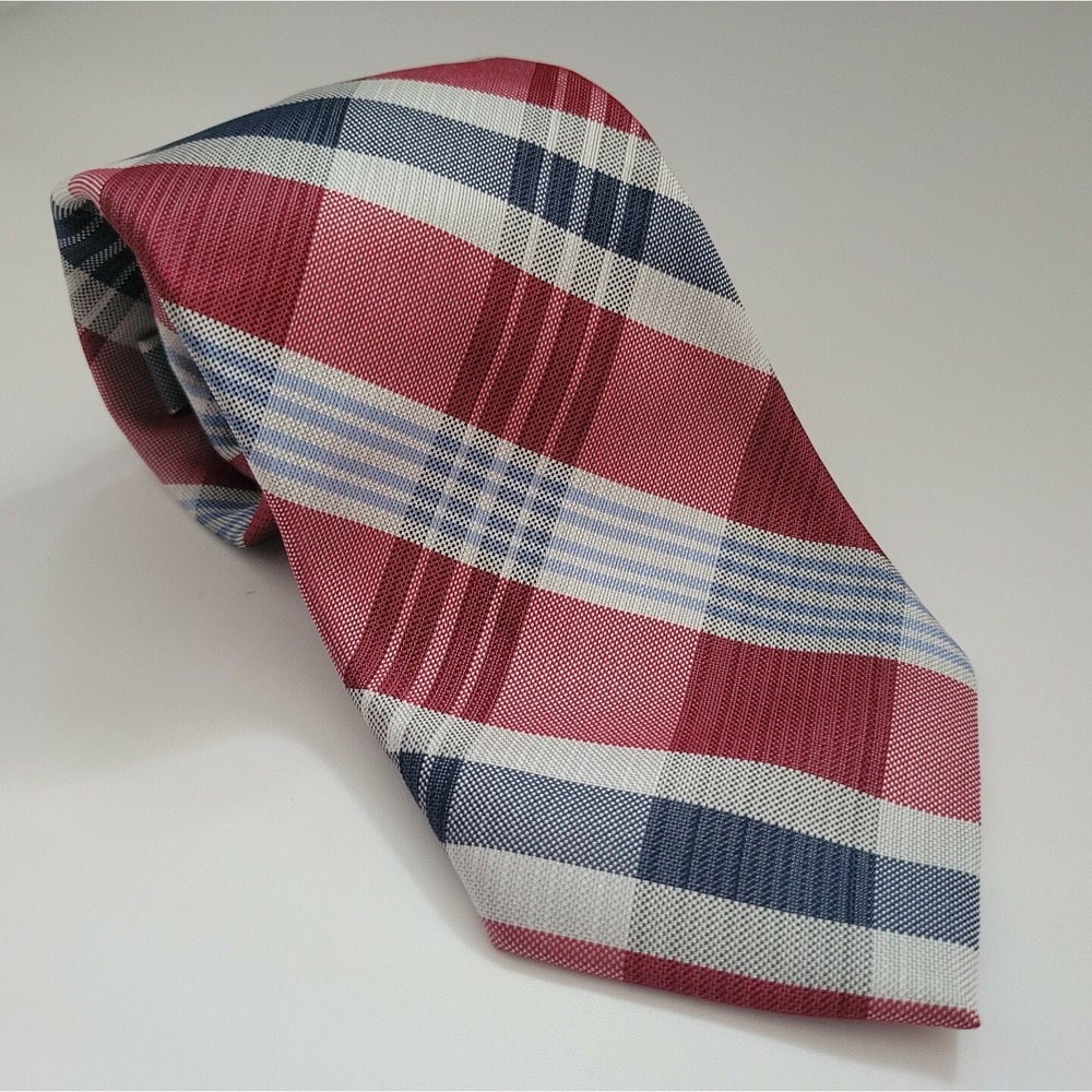 Saks Fifth Avenue Men's Silk Two Tone Plaid Stripe Neck Tie Blue Red Silver Gray
